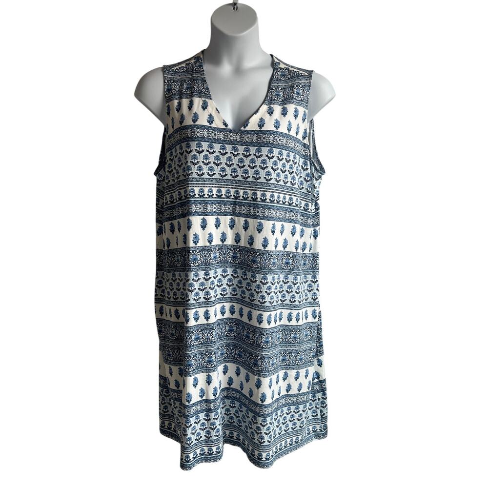 J JILL WOMENS PLUS SIZE 2XLARGE SLEEVELESS FLORAL STRETCH MIDI DRESS BLUE WHITE